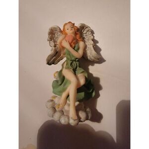 Collectible Angel Figurine Figure Green Dress Decor Holding Heart